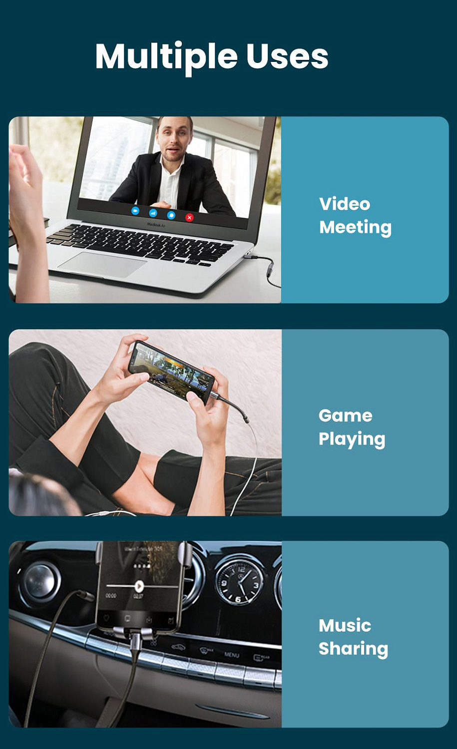 80154 Кабель UGREEN AV161 USB Type C - 3.5mm аудио, оплетка, алюминий, 0.1M